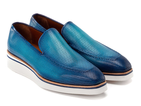 Paul Parkman Men's Smart Casual Perforated Leather Loafers Turquoise (ID#186-PR-TRQ)