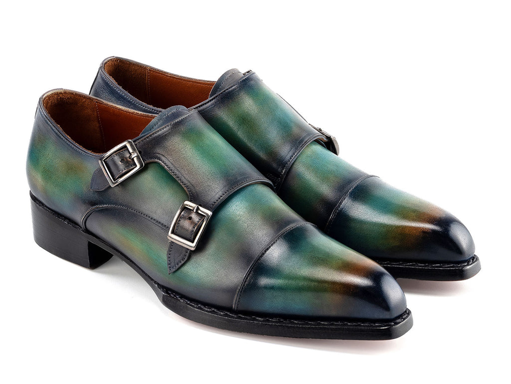 Paul Parkman Men's Cap Toe Double Monkstrap Shoes Green & Blue Patina (ID#2598-5BG)