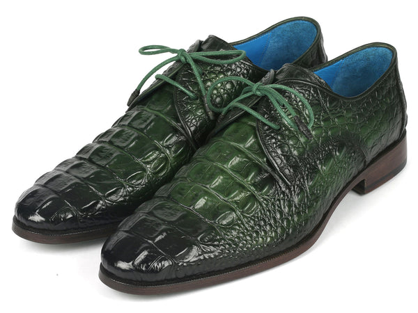 Paul Parkman Men's Green Croco Textured Leather Derby Shoes (ID
