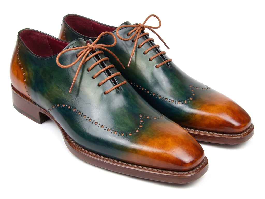 Paul Parkman Men's Goodyear Welted Wingtip Oxfords Green & Cognac Patina (ID#081-GRC)