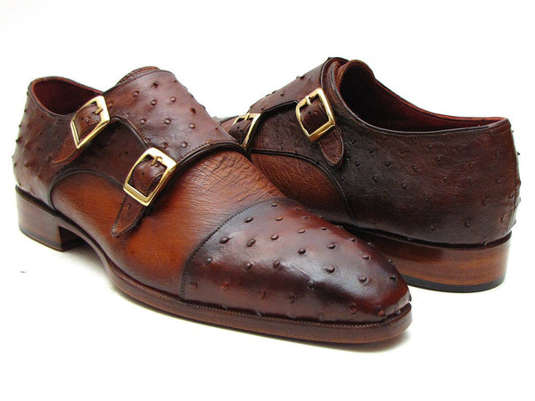 Paul Parkman Brown & Tobacco Genuine Ostrich Double Monkstraps (ID#43K68)