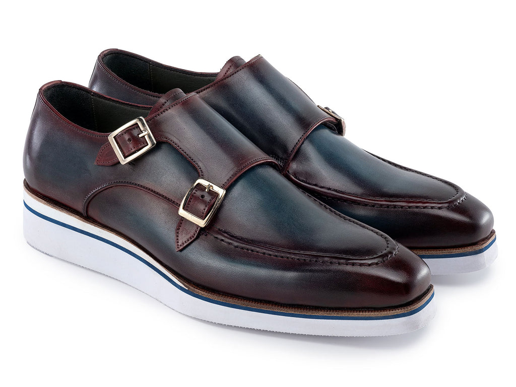 Paul Parkman Men's Smart Casual Monkstraps Blue & Bordeaux Patina (ID#189-BLU-BRD)