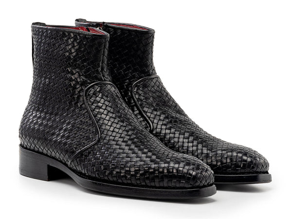 Paul Parkman Black Woven Leather Goodyear Welted Zipper Boots (ID#BT269BLK)