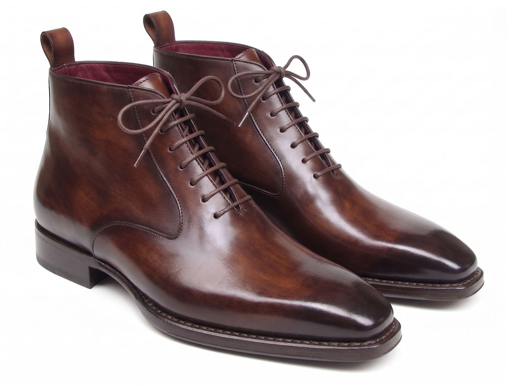 Paul Parkman Men's Brown Leather Plain Toe Lace-Up Dress Boots (ID#BT4812-BRW)
