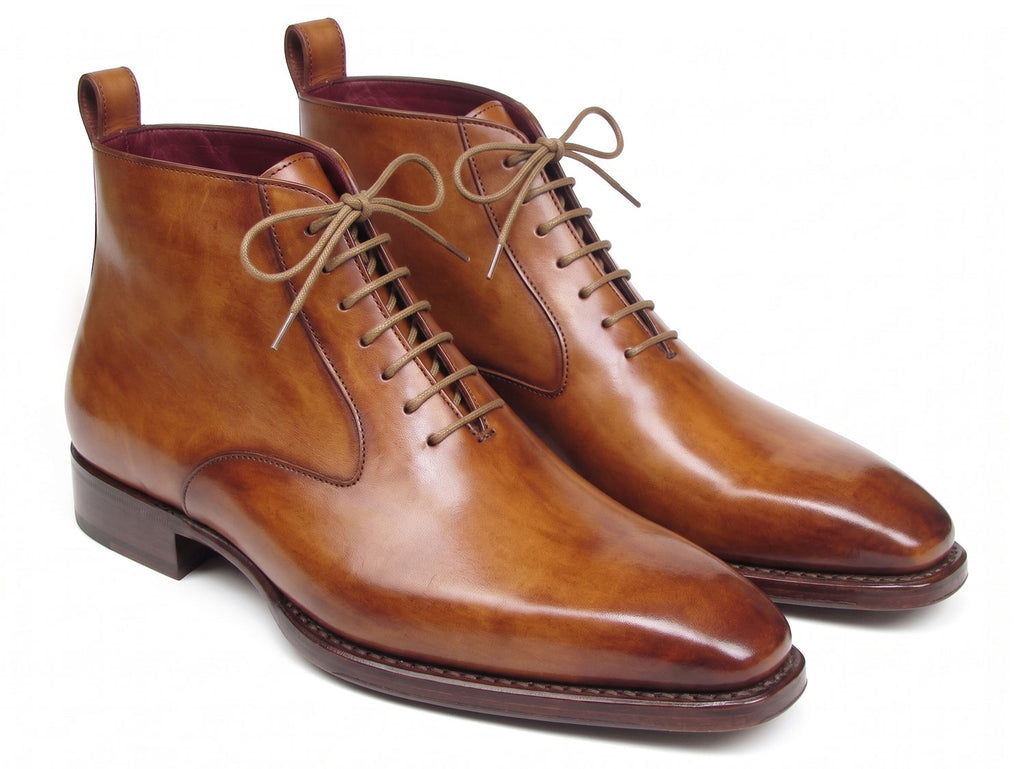 Paul Parkman Men's Cognac Leather Plain Toe Lace-Up Dress Boots  (ID#BT4812-CGN)