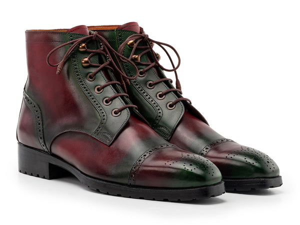 Paul Parkman Men's Green & Brown Hand-Painted Cap Toe Boots (ID#BT9566-BRG)