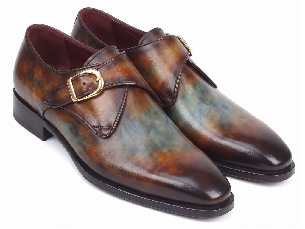 Paul Parkman Men's Green & Brown Patina Single Monkstrap Shoes (ID#DW755N)