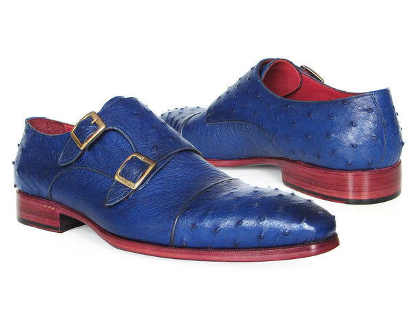 Paul Parkman Sax Blue Genuine Ostrich Double Monkstraps (ID#37U33)