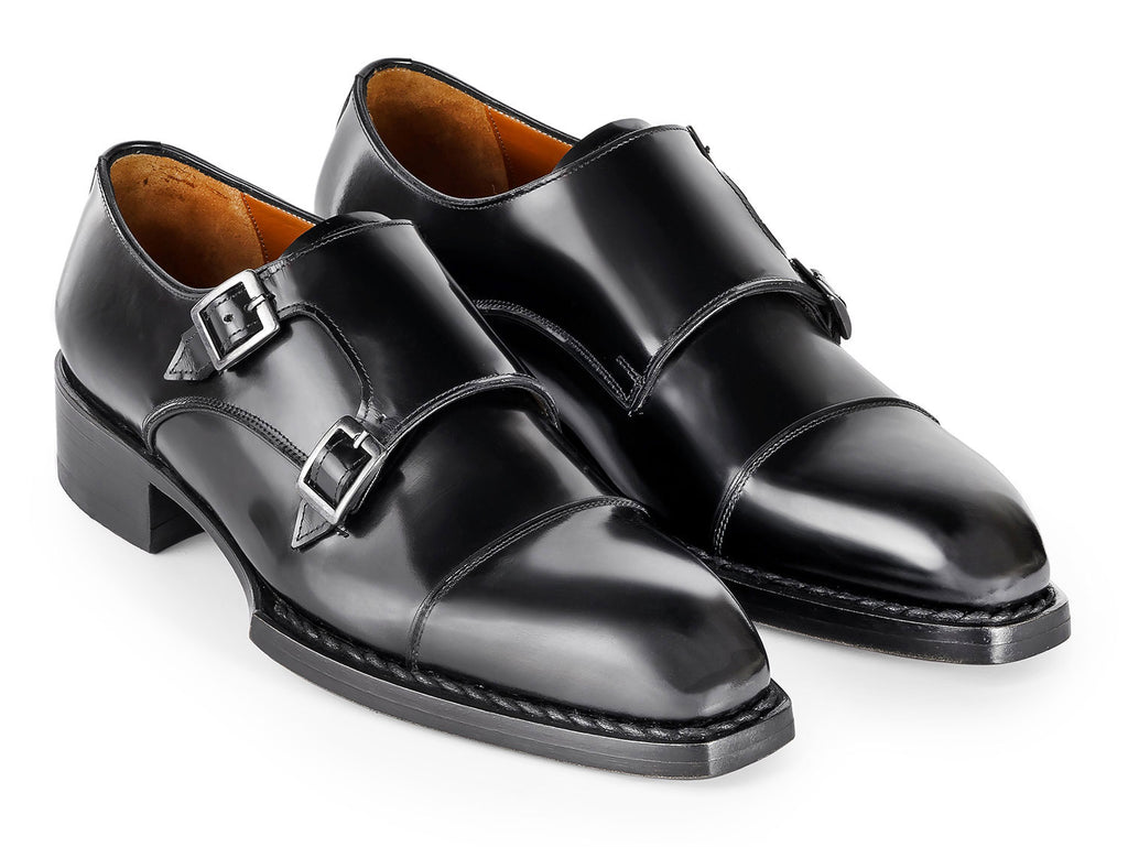 Paul Parkman Triple Leather Sole Hand-Welted Cap Toe Monkstraps Black (ID#LX75MNK)