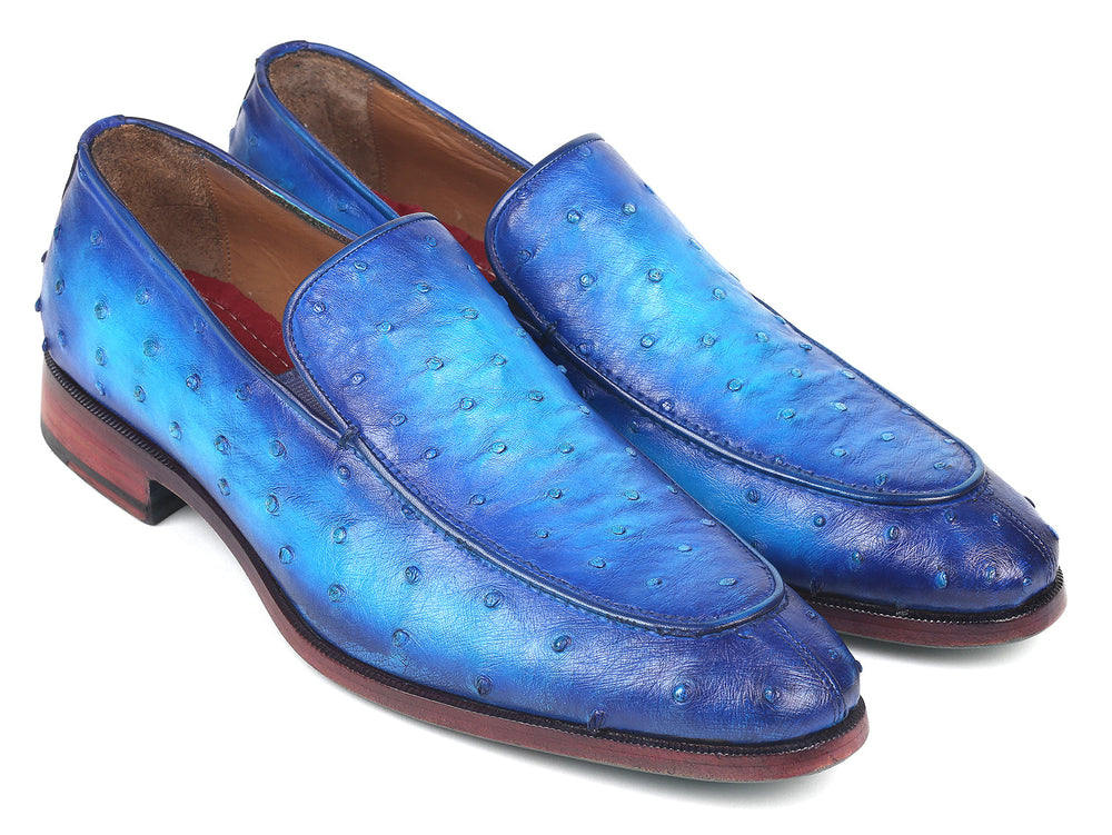 Paul Parkman Men's Blue Genuine Ostrich Opanka Stitched Moccasins (ID#YL94OPK)