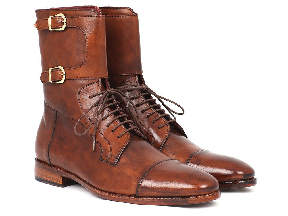 Paul Parkman Men's Brown Burnished Leather Lace-Up Boots (ID#BT534-BRW) EU 39 - US 6.5 / 7