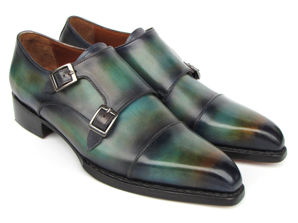 Paul Parkman Men's Cap Toe Double Monkstrap Shoes Green & Blue Patina (ID#2598-5BG)