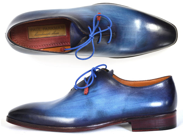 Paul Parkman Men's Plain Toe Wholecut Oxfords Blue Hand-Painted (ID#755-BLU)